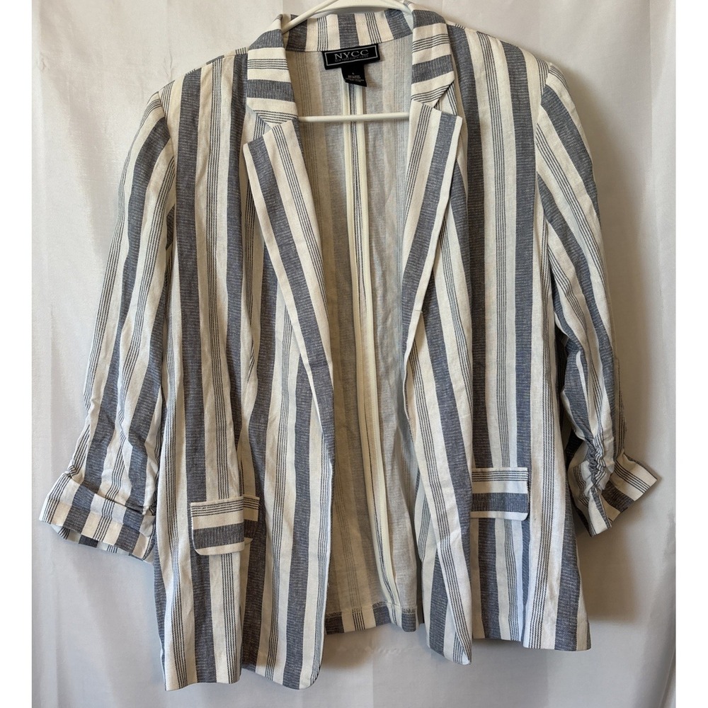 NYCC Women's Linen Blend Blazer Jacket Striped White & Blue Beach Nautical L